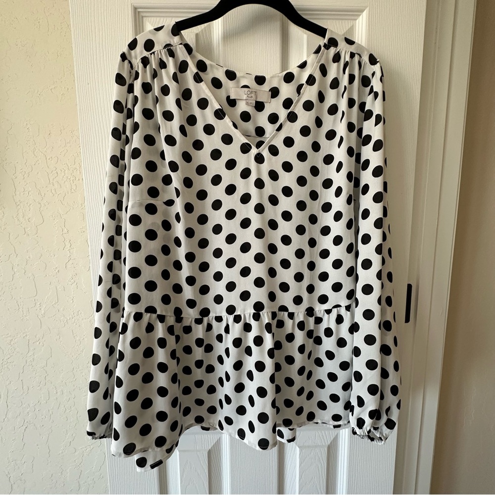 LOFT Black and White Peplum Blouse with Long Sleeves